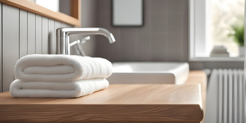 Wooden tabletop counter with a towel. in front of bright out of focus bathroom. copy space