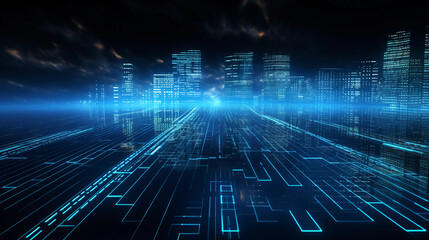 Abstract digital graphics Futuristic 3D Concept, AI and Big Data Technology background, cityscape, Information Digitalization Lines, Generative AI.