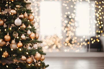 Defocused Christmas tree with many different decorations.