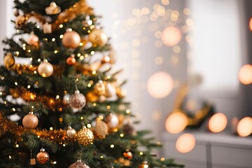 Obraz na płótnie Canvas Defocused Christmas tree with many different decorations.