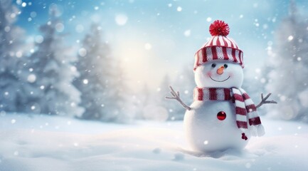 Happy snowman in the winter scenery.