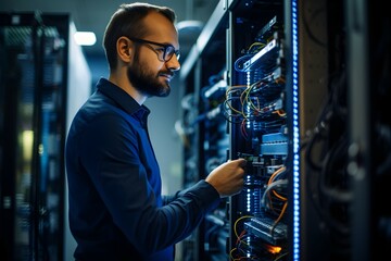 IT technician working on computer and server in a server room