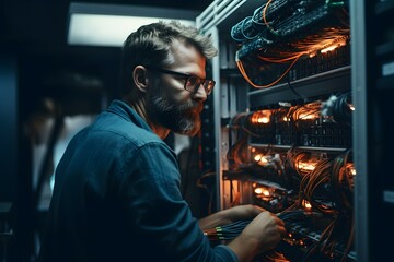 IT technician working on computer and server in a server room - obrazy, fototapety, plakaty