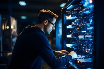 IT technician working on computer and server in a server room