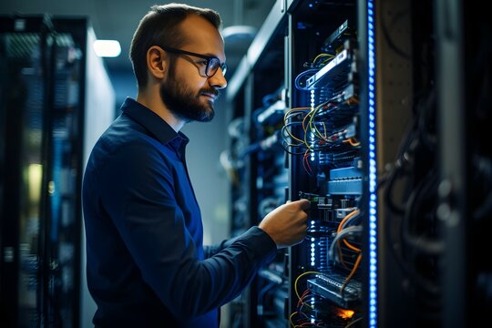 IT technician working on computer and server in a server room