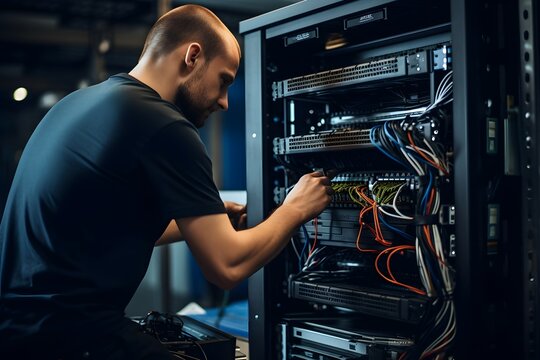 IT technician working on computer and server in a server room