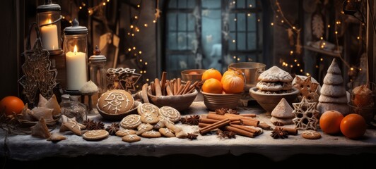 Christmas gingerbread cookies: table with powder, spices, cinnamon, and oranges. Christmas gingerbread cookies. Horizontal banking background for web. Photo AI Generated