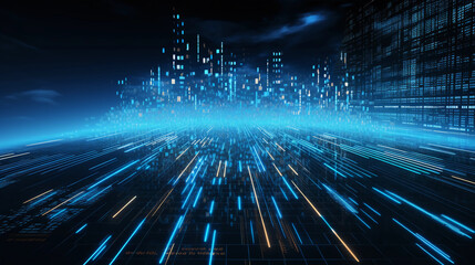 Obraz premium Abstract digital graphics Futuristic 3D Concept, AI and Big Data Technology background, cityscape, Information Digitalization Lines, Generative AI.