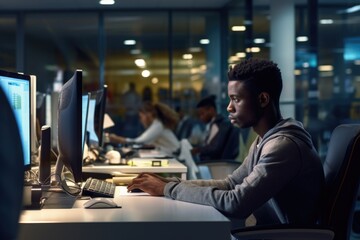 African American Man Working on Computer in Office. Fictional characters created by Generated AI.