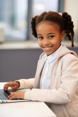 A young girl using a laptop computer and smiling. Fictional characters created by Generated AI.