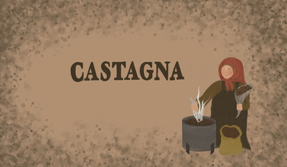 Chestnut party text with drawing of lady roasting chestnuts.