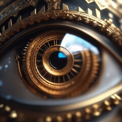 Realistic steampunk mechanical eye, future technology concept