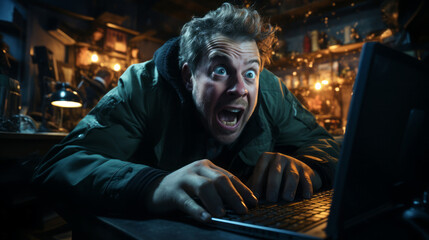 Caught in the act: A shot mimicking a webcam view that shows a hacker caught off guard by security measures or a sudden realisation.