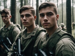 Fototapeta premium Group of young soldiers in military uniform in a forest