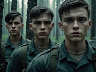 Fototapeta premium Group of young soldiers in military uniform in a forest