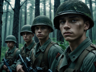 Fototapeta premium Group of young soldiers in military uniform in a forest