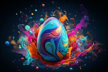 Colorful Easter egg with a vibrant splash of colors in a festive banner. Generative AI - obrazy, fototapety, plakaty