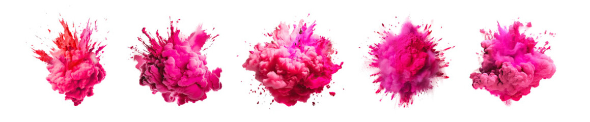 Powerful explosion of pink holi powder on transparent background. Collection of saturate pink smoke paint explosion, fume powder splash, motion of liquid ink in water. - obrazy, fototapety, plakaty