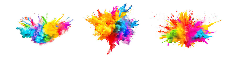 Powerful explosion of colorful rainbow holi powder on transparent background. Collection of saturate paint backdrops, powder splash. - obrazy, fototapety, plakaty