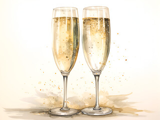 Watercolor glasses of sparkling champagne on white background 