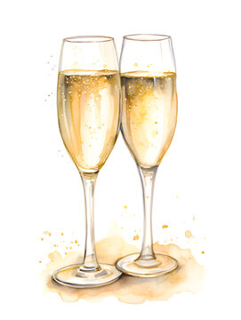 Watercolor glasses of sparkling champagne on white background 