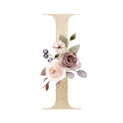 Alphabet, gold letter I with watercolor flowers and leaves. Art monogram initials perfectly for birthday, wedding invitations, greeting card, logo, poster and other design. Hand painting.
