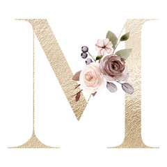 Alphabet, gold letter M with watercolor flowers and leaves. Art monogram initials perfectly for birthday, wedding invitations, greeting card, logo, poster and other design. Hand painting.