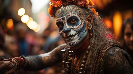 Day of the Dead in Mexico. Street festival atmosphere. Themed parties. People celebrating.