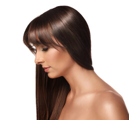 Fototapeta premium Attractive woman with shiny straight hair on white background. Professional hairstyling