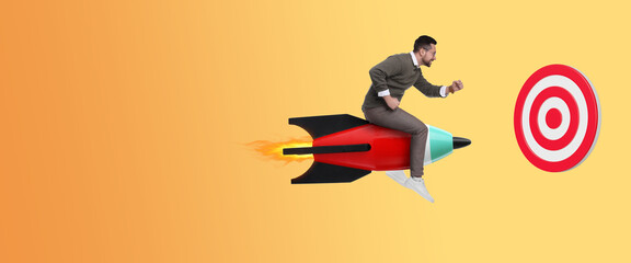Target achievement. Businessman flying on rocket to dartboard on gradient color background, space...