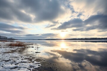 Cloudy winter day at Rekyva lake with still, reflecting waters, horizon over water, and sun hiding behind white and gray clouds. Generative AI