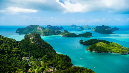 Beautiful top view from the mountains of the Tropical group of islands in Ang Thong National Marine Park.