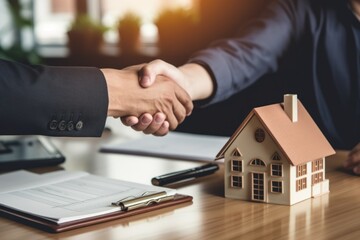 Real estate agent shaking hands with customer with miniature simple house on a table - obrazy, fototapety, plakaty