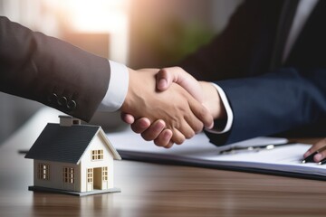 Real estate agent shaking hands with customer with miniature simple house on a table