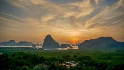 Landscape on the mountain on sea at Samet Nangshe Viewpoint in sunrise. Unseen place of Samet Nangchee in Phang Nga province, Thailand.