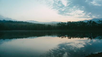 Panorama Of Autumn River Landscape In Jet Khot Nature Study Centre, THAILAND At Sunset. Sun Shine Over Water Lake Or River At Sunrise. Nature At Sunny Morning. Woods With Orange Foliage On Riverside