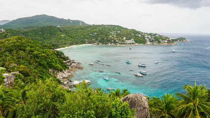 Naklejka premium View on top tropical island in the sea. John Suwan Viewpoint Koh Tao. Koh Tao island, Surat Thani Province, Gulf Thailand. Koh Tao panorama landscape view on sea.