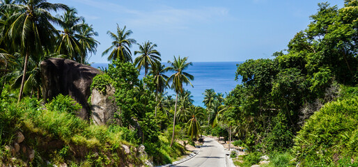 Koh Tao island landscape street view on the sea and palm trees in Koh Tao island, Thailand