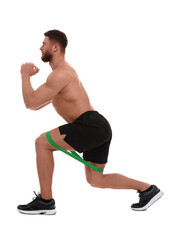 Young man exercising with elastic resistance band on white background