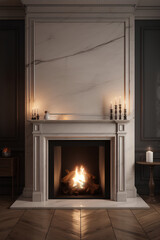 Front view of fireplace decorated with white marble. Classic interior of living room with fireplace