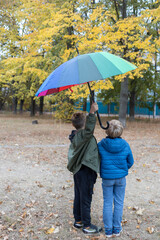 two unrecognizable children, boys under 10 years old, stand in the park under a large rainbow umbrella. autumn atmosphere. symbol of the rainy season, wet autumn weather