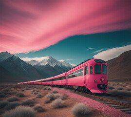 Pink train with beautiful mountain and sky views