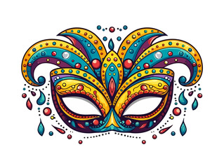 Doodle Mardi Gras mask with beads, cartoon sticker, sketch, vector, Illustration, minimalistic