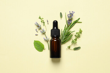 Bottle of essential oil and different herbs on beige background, flat lay
