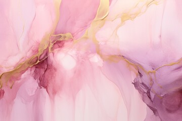 Abstract watercolor background in pink with gold veins. The background can be used for gift certificates, greeting cards, presentation designs.