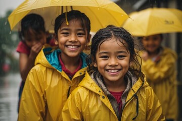 Children in bright yellow raincoats hold umbrellas in the rain. little asian children enjoying in autumn rain.