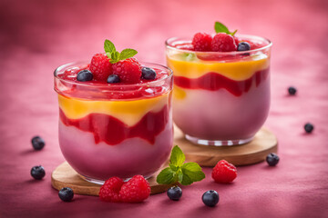 Colorful and delicious pudding served with various types of berries for a mellow taste