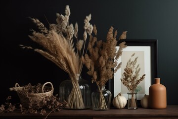 Simple display of decorative dried plants. Generative AI