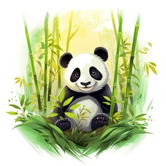 Cute panda in the middle of a bamboo forest. T-shirt design.