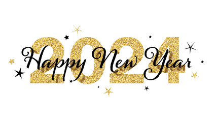 HAPPY NEW YEAR 2024 gold glitter and black vector typography banner with stars on white background - 664266594